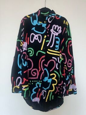 Lazy Oaf Black Multicolor Graffiti style Button-Up Shirt